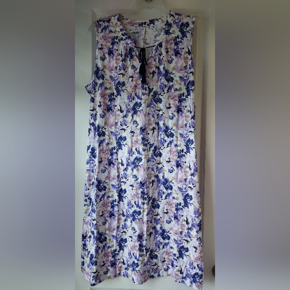 Basic Editions Women XL Sleeveless Shift Duster Purple Floral Tassel Neck Dress